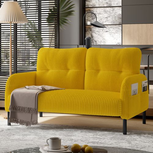 Canapé Droit 2 Places En Corduroy, Avec Poche Latérale Et Dossier Ergonomique, Jaune