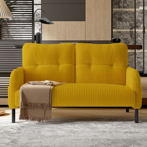 Canapé Droit 2 Places En Corduroy, Avec Poche Latérale Et Dossier Ergonomique, Jaune
