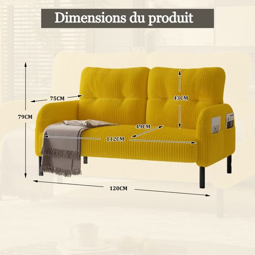 Canapé Droit 2 Places En Corduroy, Avec Poche Latérale Et Dossier Ergonomique, Jaune