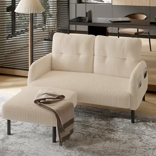 Canapé Droit 2 Places En Cord, Avec Poche Latérale Et Dossier Ergonomique, Beige
