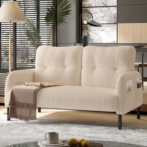 Canapé Droit 2 Places En Cord, Avec Poche Latérale Et Dossier Ergonomique, Beige