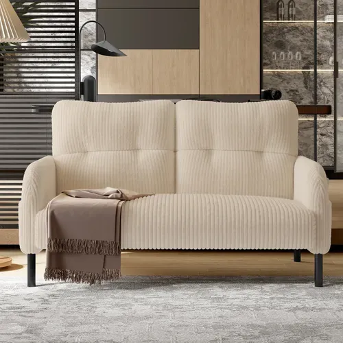 Canapé Droit 2 Places En Cord, Avec Poche Latérale Et Dossier Ergonomique, Beige