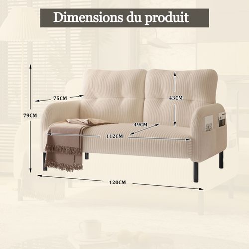 Canapé Droit 2 Places En Cord, Avec Poche Latérale Et Dossier Ergonomique, Beige