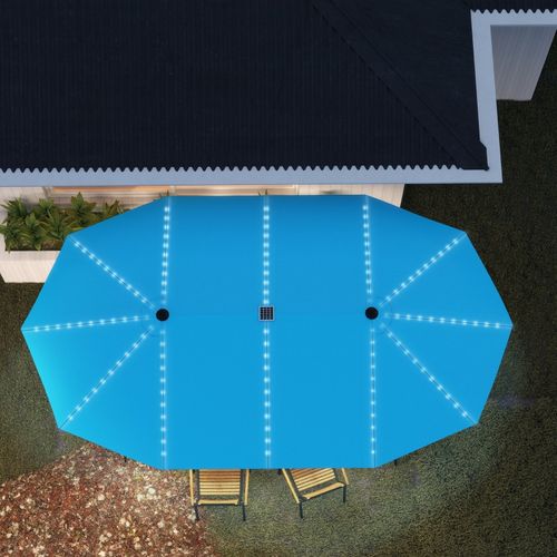 Parasol Double Avec éclairage LED Solaire Et Manivelle, Protection Uv, Polyester, Bleu
