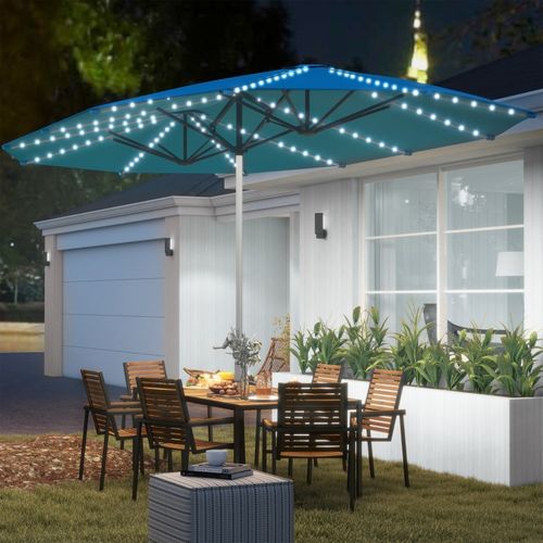 Parasol Double Avec éclairage LED Solaire Et Manivelle, Protection Uv, Polyester, Bleu