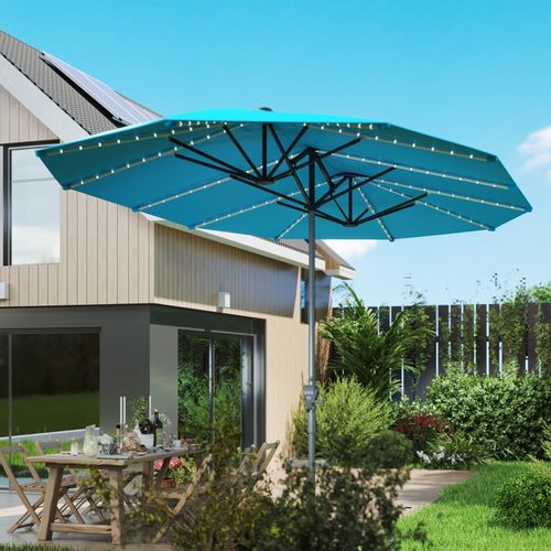 Parasol Double Avec éclairage LED Solaire Et Manivelle, Protection Uv, Polyester, Bleu