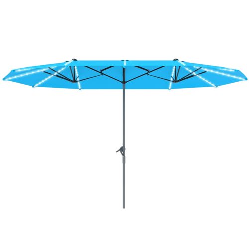 Parasol Double Avec éclairage LED Solaire Et Manivelle, Protection Uv, Polyester, Bleu