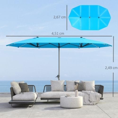 Parasol Double Avec éclairage LED Solaire Et Manivelle, Protection Uv, Polyester, Bleu