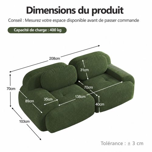 Canapé D'angle En Velours Côtelé, Modulaire Sans Cadre Avec Accoudoirs Courbés, Vert