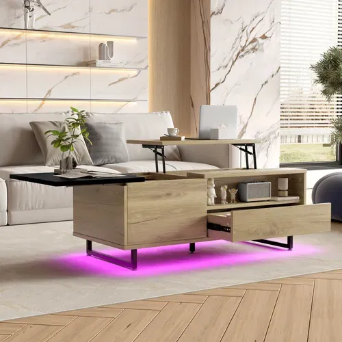 Table Basse Relevable Avec LED, 1 Tiroir, Niches Et Rangement Caché, Métal, Naturel