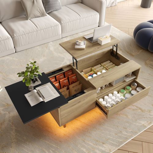 Table Basse Relevable Avec LED, 1 Tiroir, Niches Et Rangement Caché, Métal, Naturel