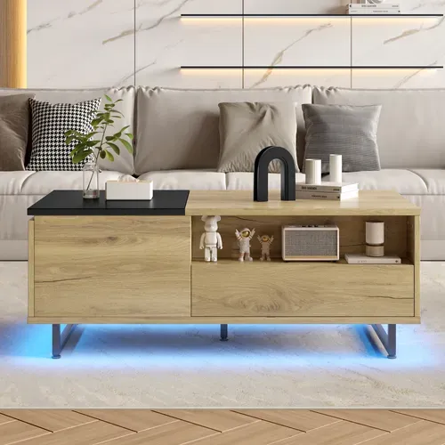 Table Basse Relevable Avec LED, 1 Tiroir, Niches Et Rangement Caché, Métal, Naturel