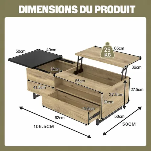 Table Basse Relevable Avec LED, 1 Tiroir, Niches Et Rangement Caché, Métal, Naturel