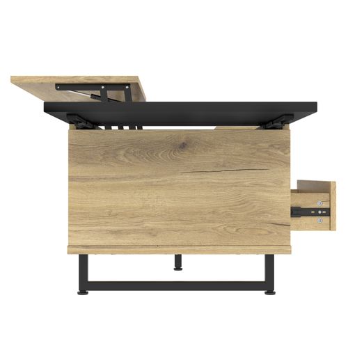 Table Basse Relevable Avec LED, 1 Tiroir, Niches Et Rangement Caché, Métal, Naturel