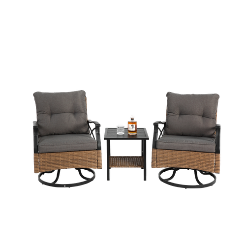 Ensemble Détente Extérieur Avec 1 Table Et 2 Fauteuils Pivotants, Résine Tressée, Brun Gris