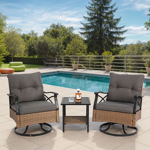 Ensemble Détente Extérieur Avec 1 Table Et 2 Fauteuils Pivotants, Résine Tressée, Brun Gris
