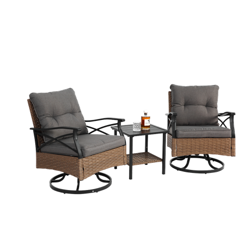 Ensemble Détente Extérieur Avec 1 Table Et 2 Fauteuils Pivotants, Résine Tressée, Brun Gris
