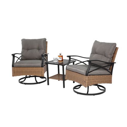 Ensemble Détente Extérieur Avec 1 Table Et 2 Fauteuils Pivotants, Résine Tressée, Brun Gris