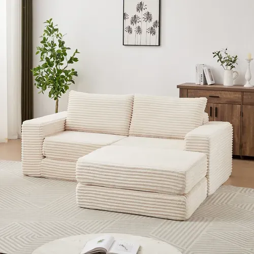 Canapé Convertible Modulaire En Velours Côtelé, Avec Repose-pieds Amovible Et Coussins, Beige