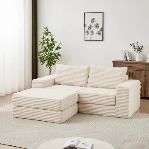 Canapé Convertible Modulaire En Velours Côtelé, Avec Repose-pieds Amovible Et Coussins, Beige