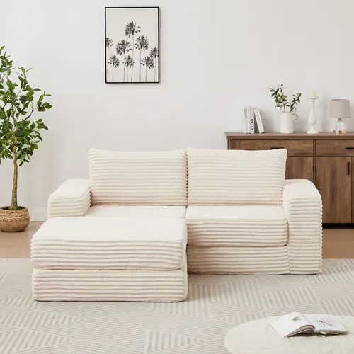 Canapé Convertible Modulaire En Velours Côtelé, Avec Repose-pieds Amovible Et Coussins, Beige