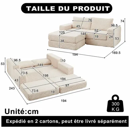 Canapé Convertible Modulaire En Velours Côtelé, Avec Repose-pieds Amovible Et Coussins, Beige