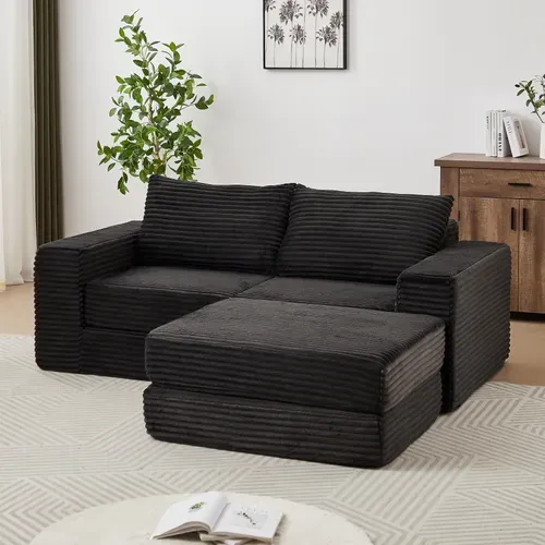 Canapé Compressé Convertible Modulable En Velours Côtelé, Avec Pouf Amovible, Noir