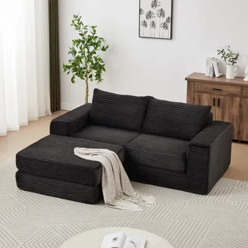Canapé Compressé Convertible Modulable En Velours Côtelé, Avec Pouf Amovible, Noir