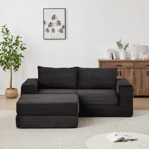Canapé Compressé Convertible Modulable En Velours Côtelé, Avec Pouf Amovible, Noir