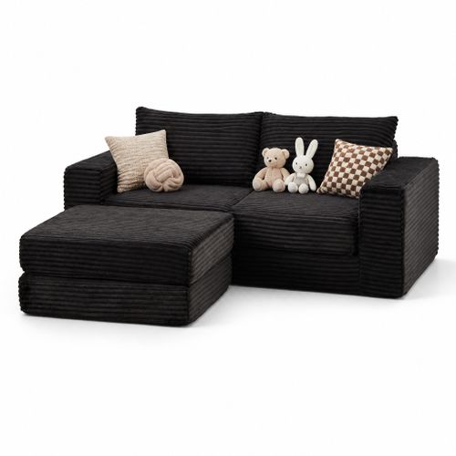 Canapé Compressé Convertible Modulable En Velours Côtelé, Avec Pouf Amovible, Noir