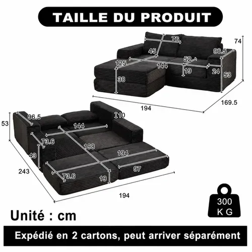 Canapé Compressé Convertible Modulable En Velours Côtelé, Avec Pouf Amovible, Noir