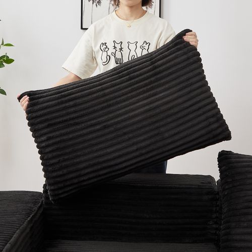 Canapé Compressé Convertible Modulable En Velours Côtelé, Avec Pouf Amovible, Noir