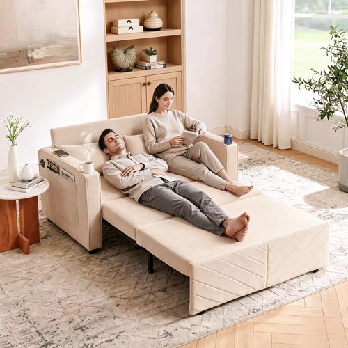 Canapé Convertible 2 Places En Tissu, Avec Ports USB Et Système Coulissant, Beige