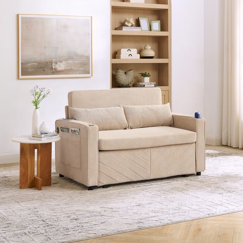 Canapé Convertible 2 Places En Tissu, Avec Ports USB Et Système Coulissant, Beige