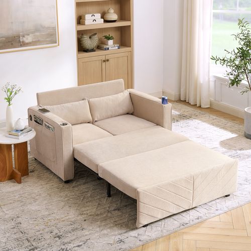 Canapé Convertible 2 Places En Tissu, Avec Ports USB Et Système Coulissant, Beige