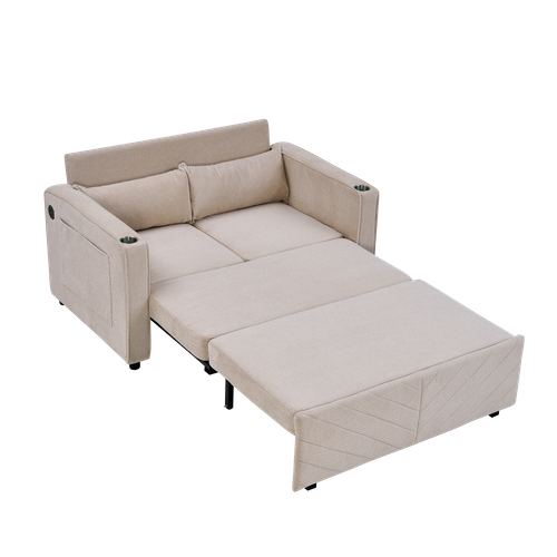 Canapé Convertible 2 Places En Tissu, Avec Ports USB Et Système Coulissant, Beige