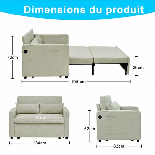 Canapé Convertible 2 Places En Tissu, Avec Ports USB Et Système Coulissant, Beige