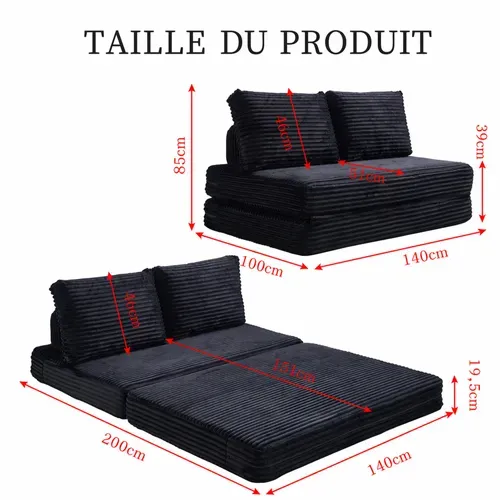 Canapé Compressé Convertible 2 Places En Tissu, Avec Dossier Amovible, Noir