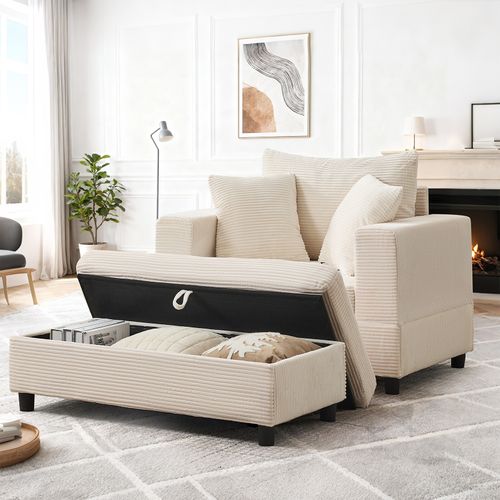 Méridienne En Velours Côtelé, Avec Repose-pied Et Rangement, Pour Salon, Beige