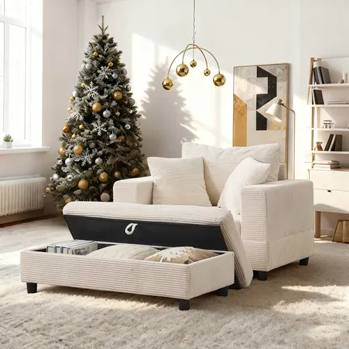 Méridienne En Velours Côtelé, Avec Repose-pied Et Rangement, Pour Salon, Beige