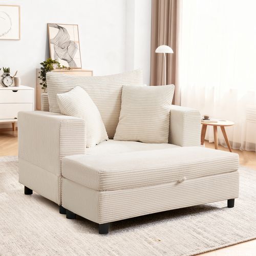 Méridienne En Velours Côtelé, Avec Repose-pied Et Rangement, Pour Salon, Beige
