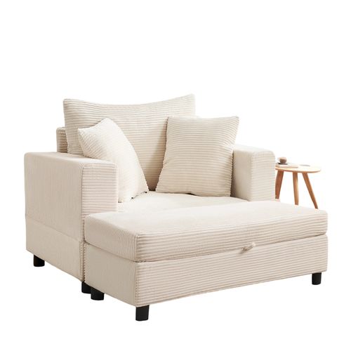 Méridienne En Velours Côtelé, Avec Repose-pied Et Rangement, Pour Salon, Beige