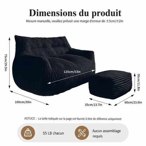 Fauteuil Pouf Compressé En Flanelle, Avec Mousse Mémoire Et Base Antidérapante, Noir