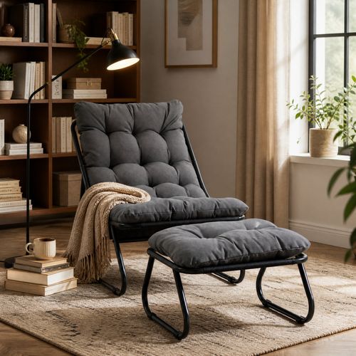 Chaise De Salon D'extérieur Avec Pouf, Gris Et Noir