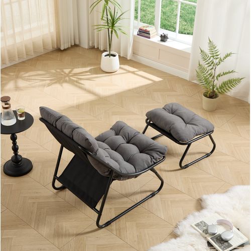Chaise De Salon D'extérieur Avec Pouf, Gris Et Noir