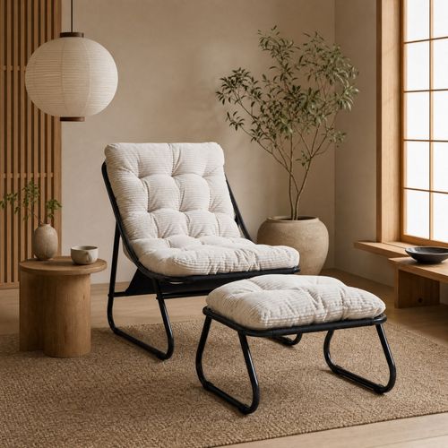 Chaise De Jardin Avec Pouf 65 X 78 X 86 Cm Noir Et Blanc