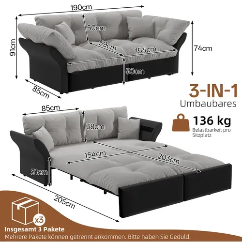 Canapé-lit Convertible 3-en-1 190 Cm Avec 2 Coussins Gris Clair