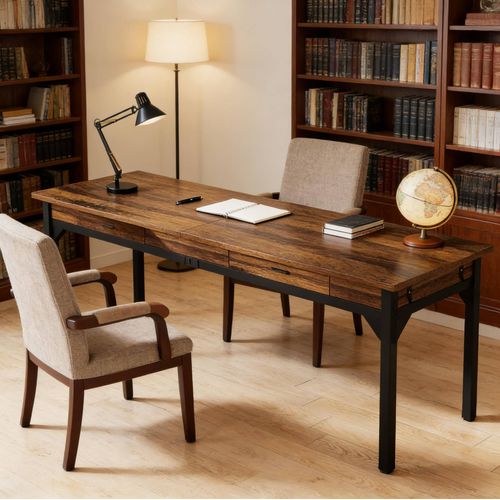 Bureau Double Avec 2 Tiroirs 200 X 60 X 82 Cm Noir Et Brun Rustique