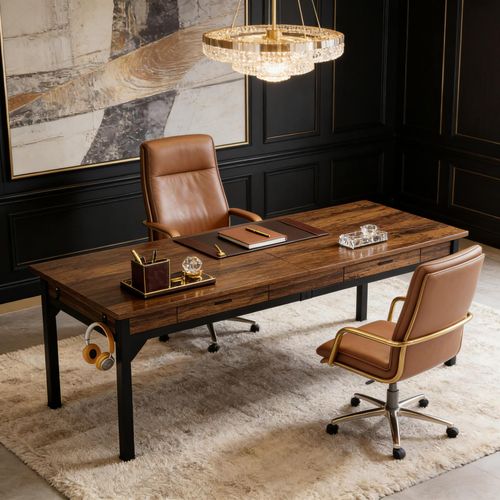 Bureau Double Avec 2 Tiroirs 200 X 60 X 82 Cm Noir Et Brun Rustique