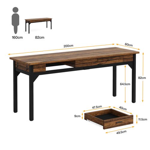 Bureau Double Avec 2 Tiroirs 200 X 60 X 82 Cm Noir Et Brun Rustique